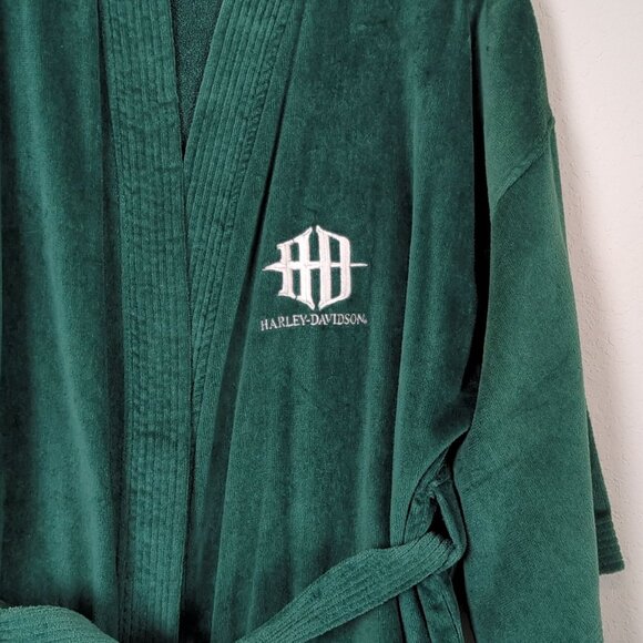 Vintage Harley-Davidson Green Terry cloth Bathrobe OSFM two belted with Pockets - Picture 6 of 16